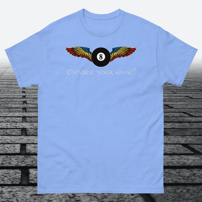 Elevate Your Game, with 8 ball with wings, on front of shirt, Cotton t-shirt