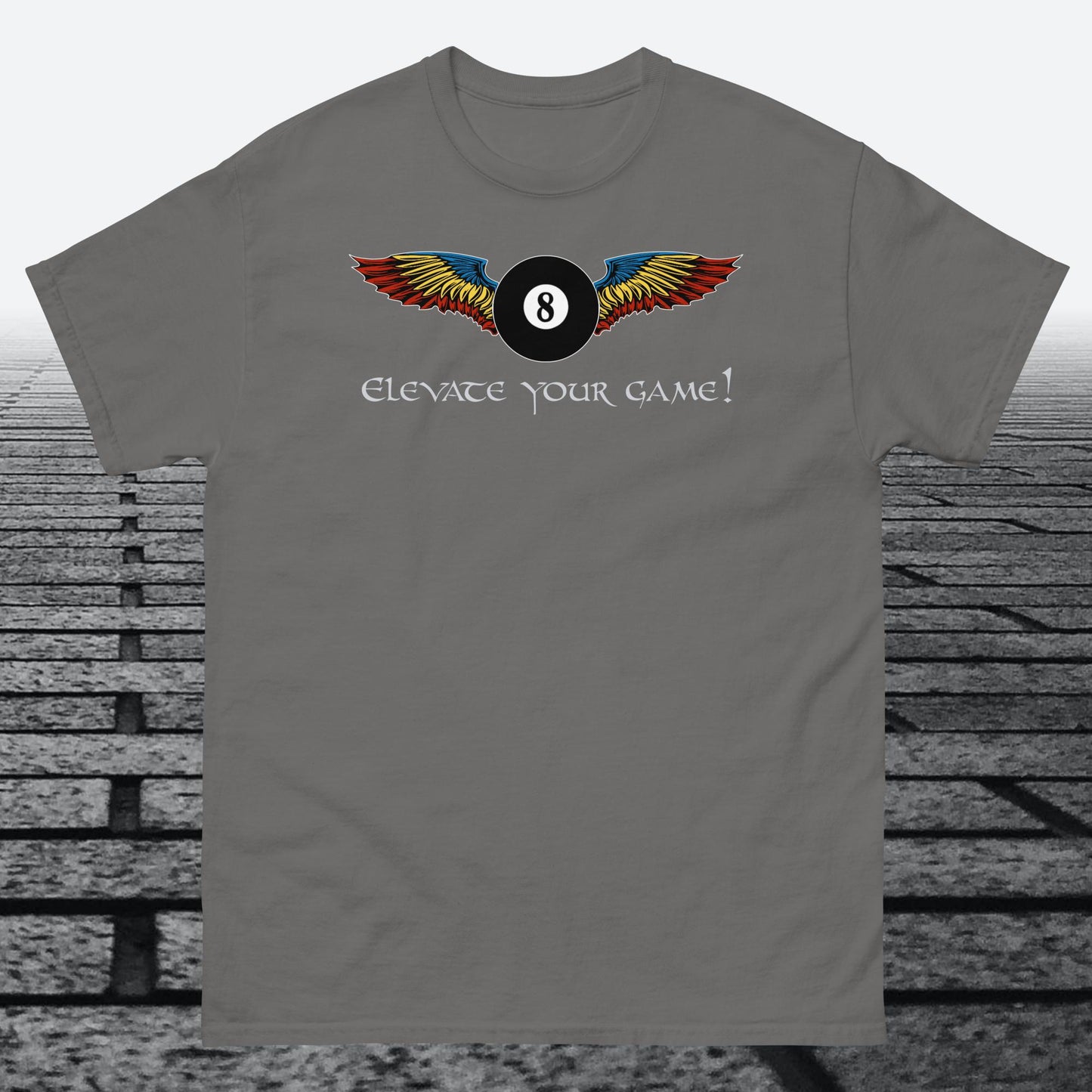 Elevate Your Game, with 8 ball with wings, on front of shirt, Cotton t-shirt