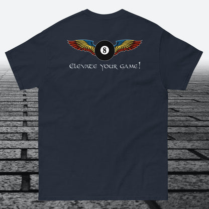 Elevate Your Game, 8ball with wings, logo on the front, Cotton t-shirt