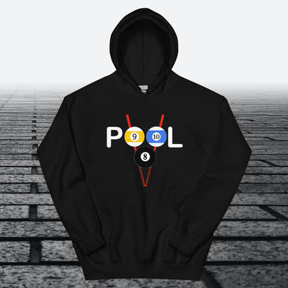 Pool with 8, 9 and 10 ball, on front of hoodie, Hoodie Sweatshirt