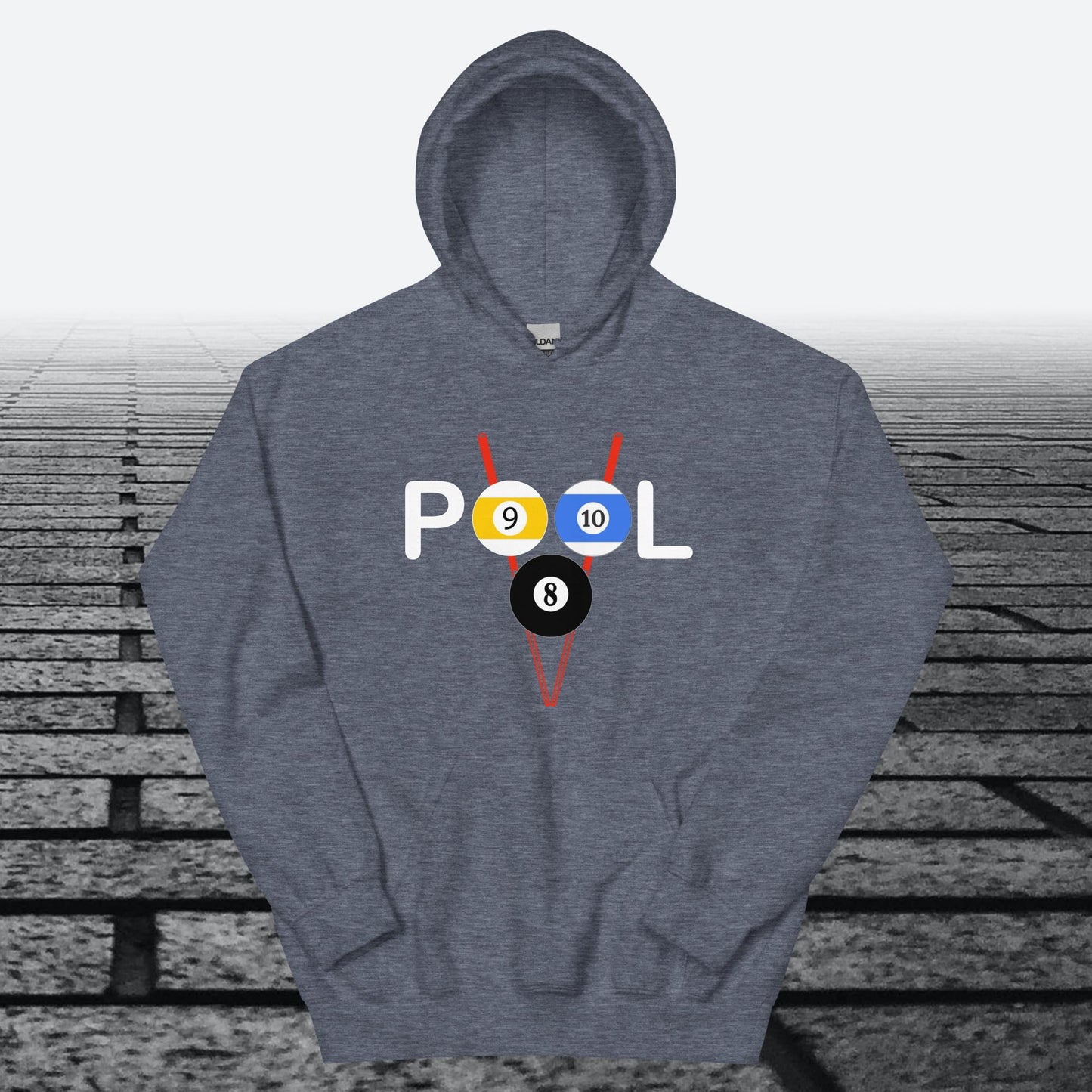 Pool with 8, 9 and 10 ball, on front of hoodie, Hoodie Sweatshirt