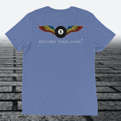 Elevate Your Game, 8ball with Wings, Logo on the front, Tri-blend t-shirt